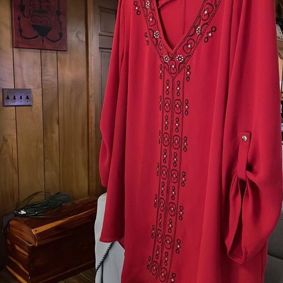 Cato Red & Black 3/4 Length Sleeve High-low Sheer Tunic Blouse Size 2X - Picture 7 of 8